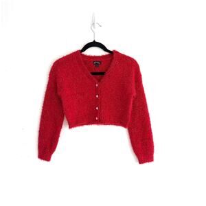 Art Class Red Metallic Cropped Eyelash Cardigan Holiday Fuzzy Sweater | M 7/8